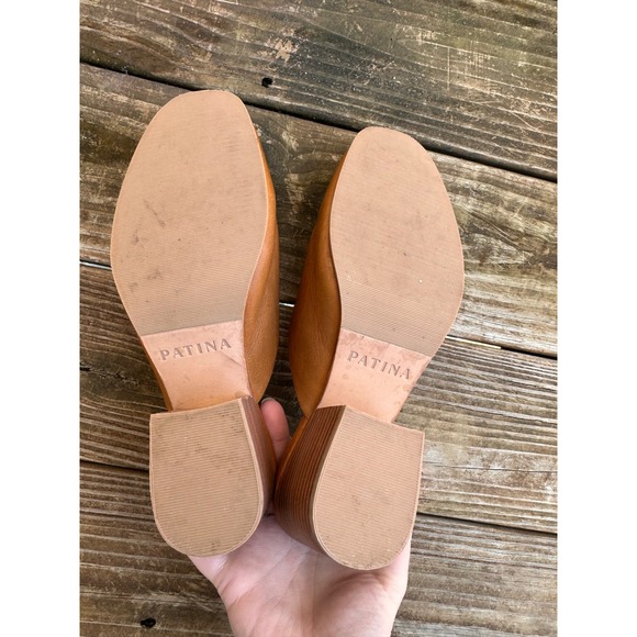 Patina Tan Leather Block Heel Mules Slip On Almond Toe Shoes Size 11 - Picture 8 of 8